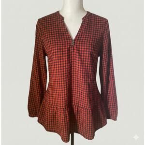 Falls Creek Womens Medium Red Black Check Peasant Top Polyester Rayon